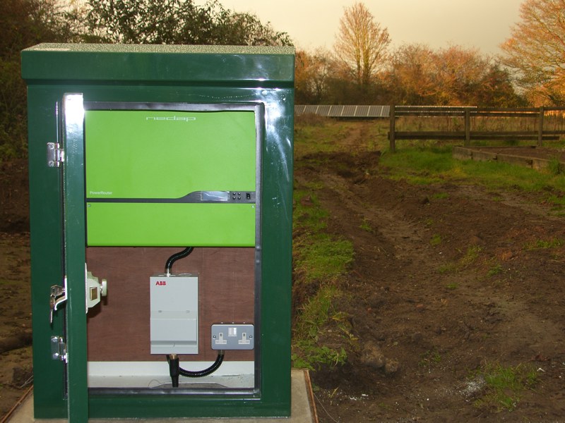 Evening view of fihished kiosk and array